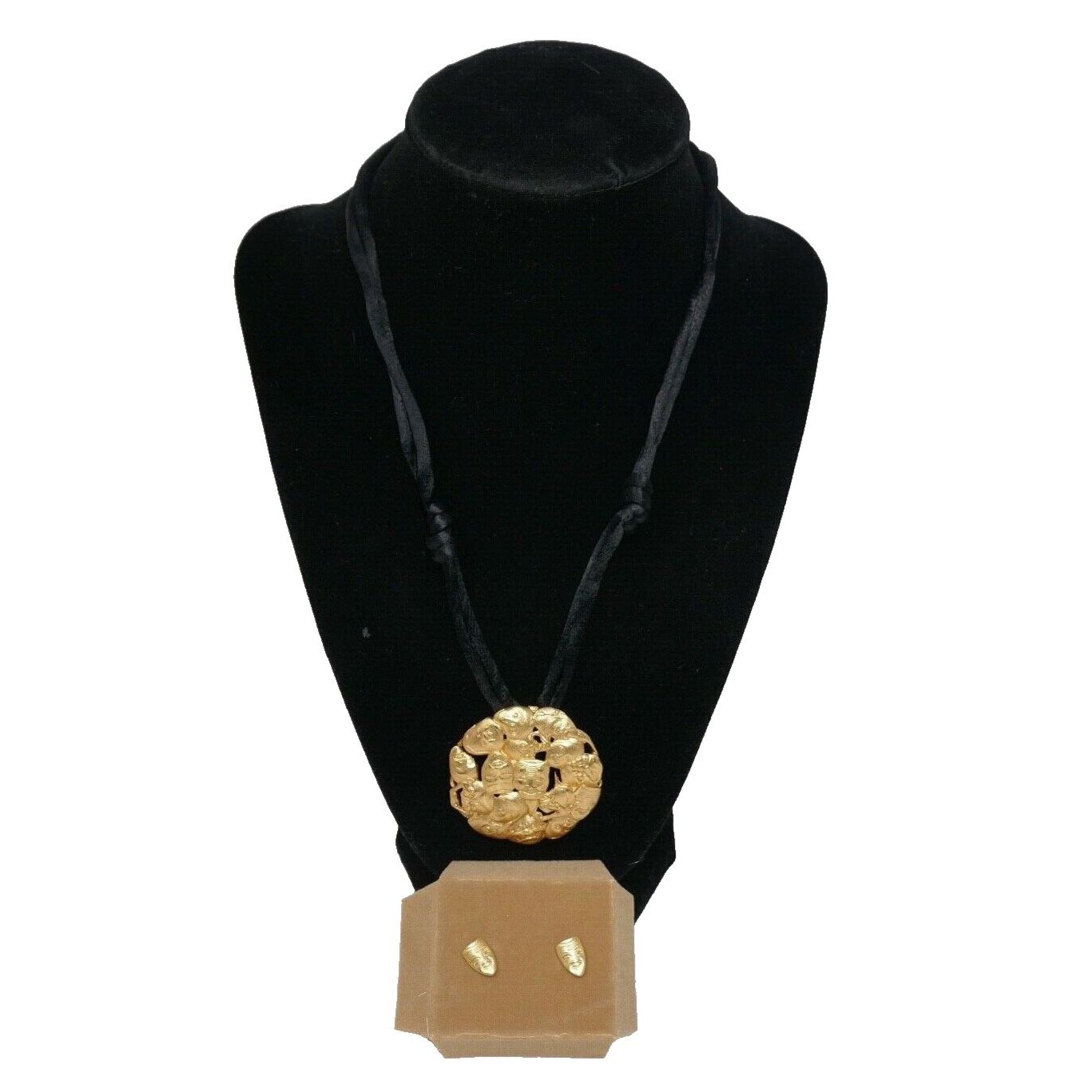 Museum Of Fine Arts Mfa Gold Tone Pendant Faces Masks Necklace & Earrings Set